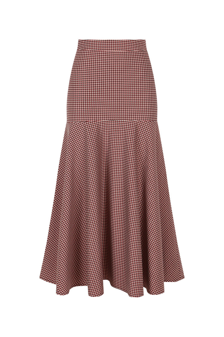 Falda midi Neus pata de gallo en tonos rojizos, blancos y negros