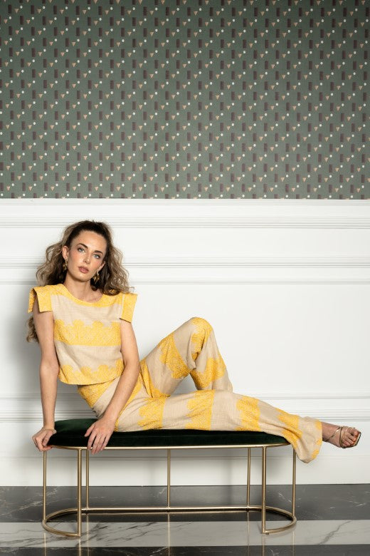 Morisco high-waisted trousers with yellow striped pattern