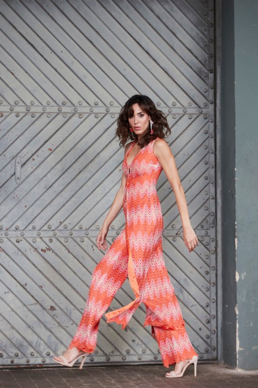 Pantalón palazzo Primavera en tonos coral y rosa