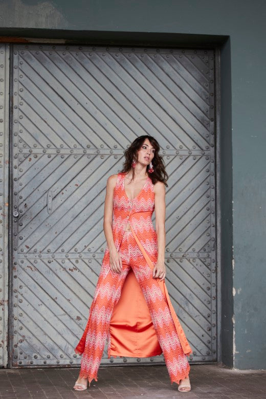 Pantalón palazzo Primavera en tonos coral y rosa