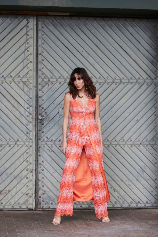 Pantalón palazzo Primavera en tonos coral y rosa