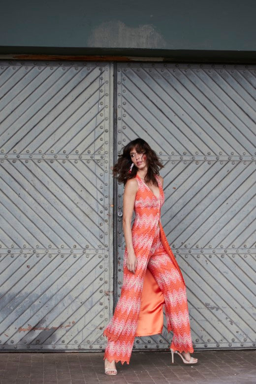 Pantalón palazzo Primavera en tonos coral y rosa
