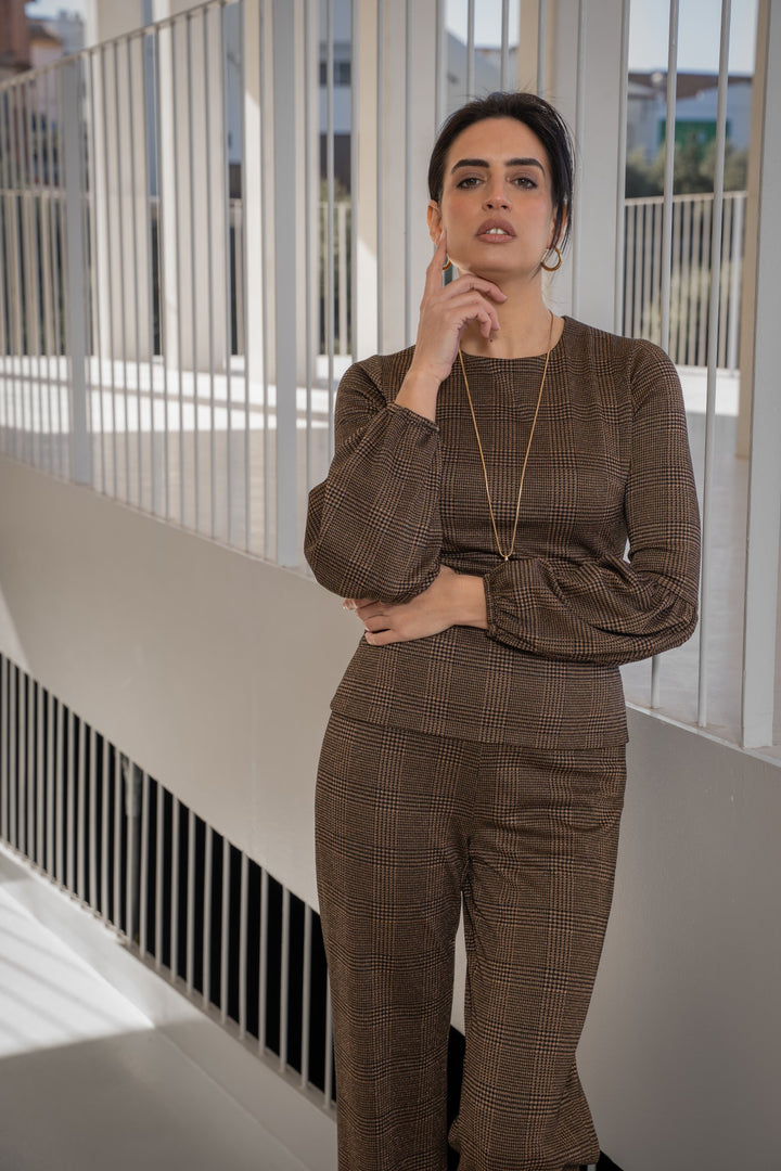 Cántara wide-leg brown houndstooth trousers
