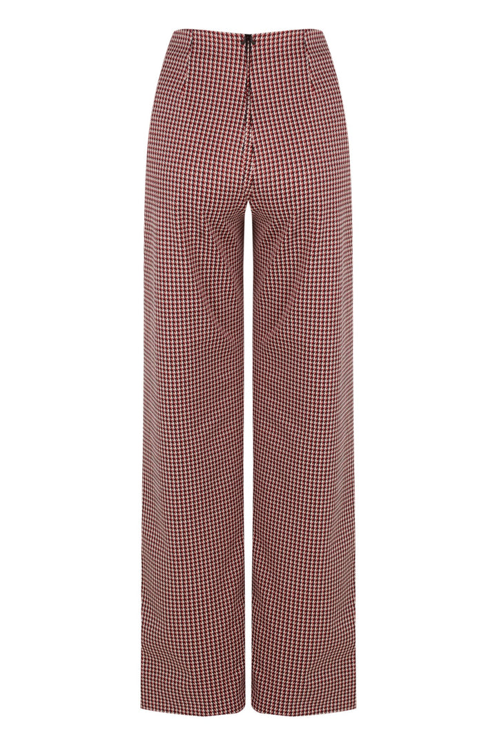 Pantalón recto Strata pata de gallo en tonos rojizos, blancos y negros