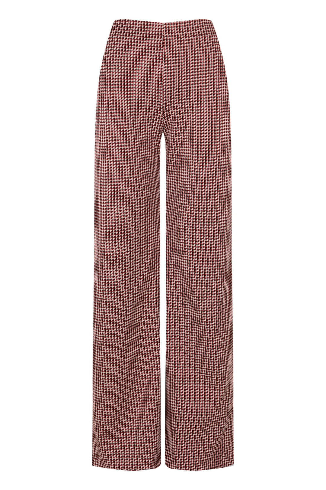 Pantalón recto Strata pata de gallo en tonos rojizos, blancos y negros