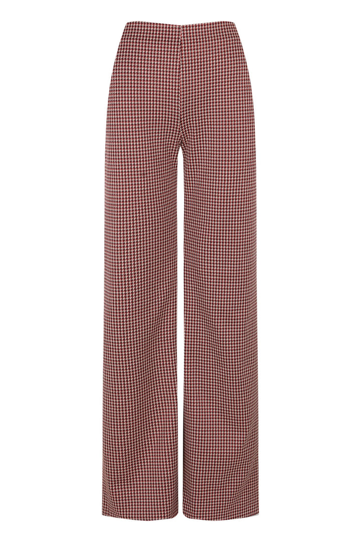 Pantalón recto Strata pata de gallo en tonos rojizos, blancos y negros