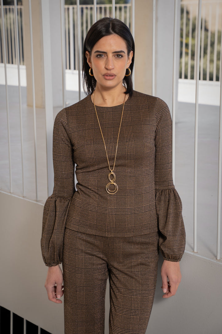 Brown Houndstooth Cántara Puff Sleeve Sweater