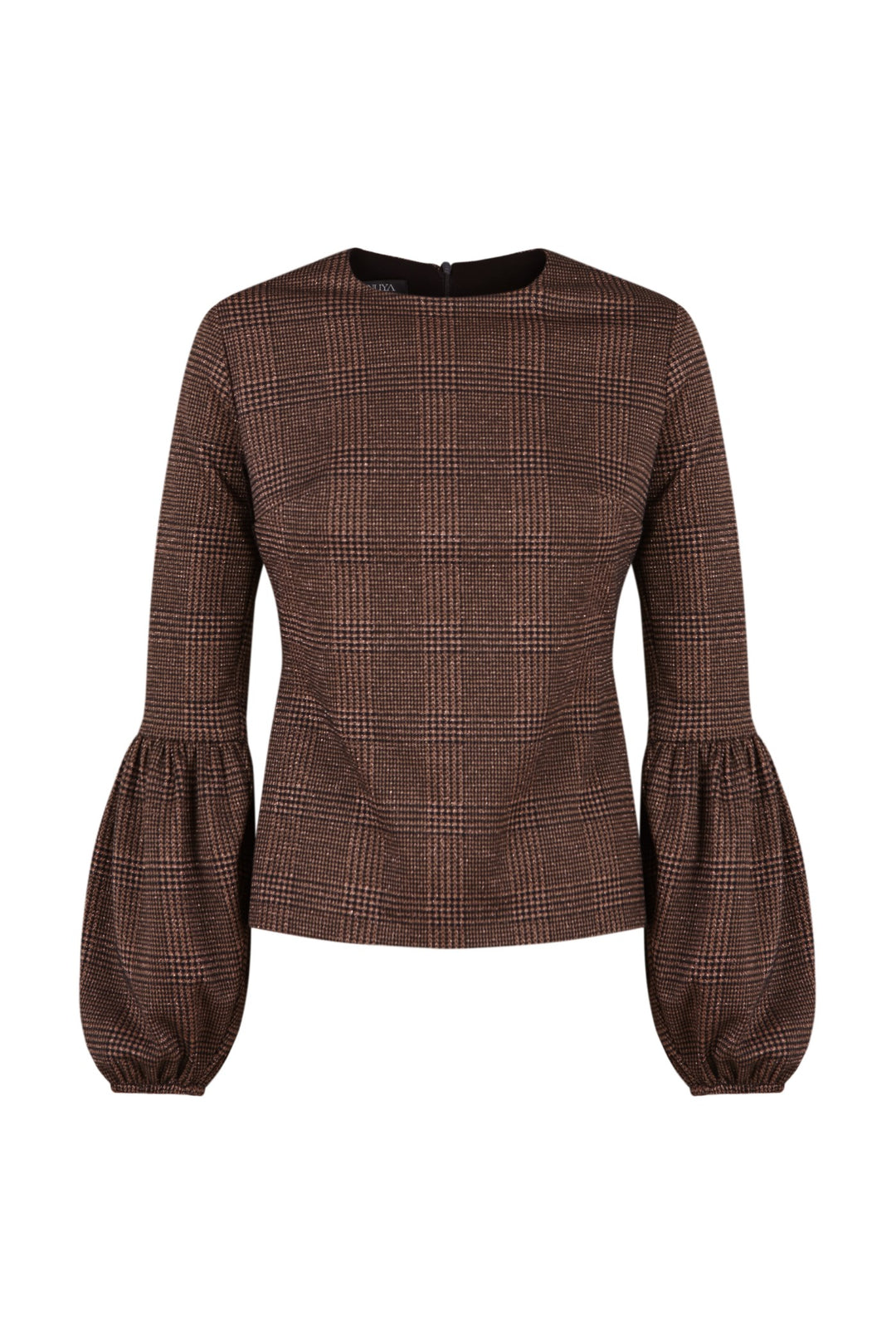 Brown Houndstooth Cántara Puff Sleeve Sweater
