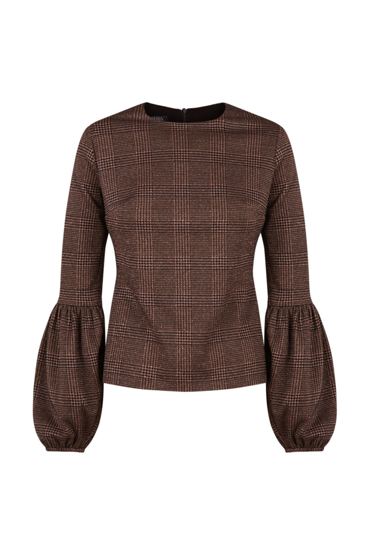Brown Houndstooth Cántara Puff Sleeve Sweater