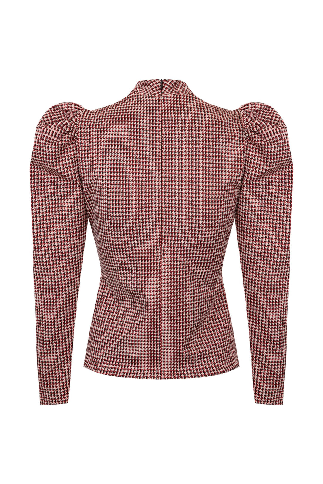 Jersey cuello alto Strata pata de gallo en tonos rojizos, blancos y negros