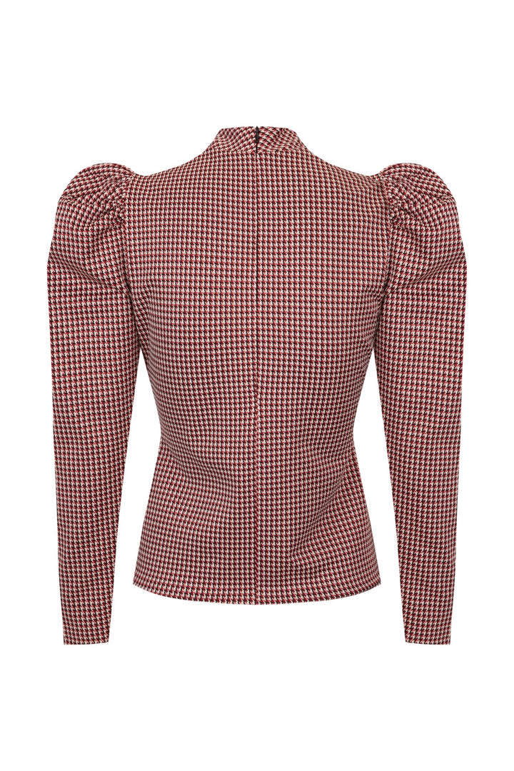 Jersey cuello alto Strata pata de gallo en tonos rojizos, blancos y negros