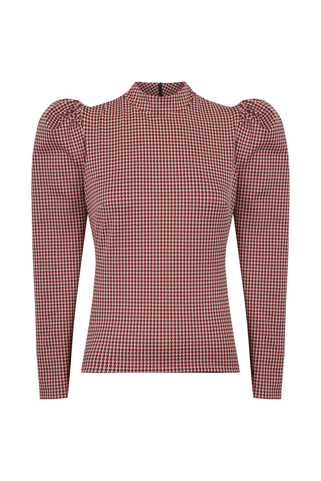 Jersey cuello alto Strata pata de gallo en tonos rojizos, blancos y negros