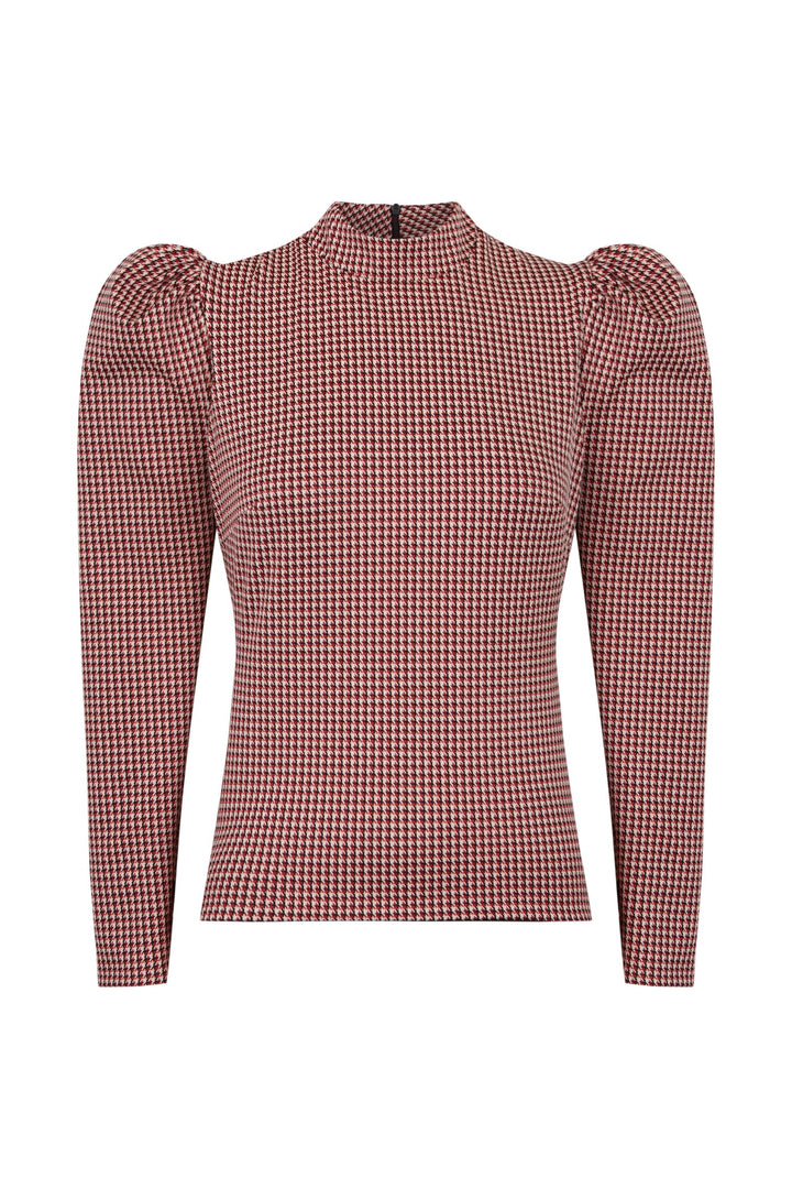 Jersey cuello alto Strata pata de gallo en tonos rojizos, blancos y negros