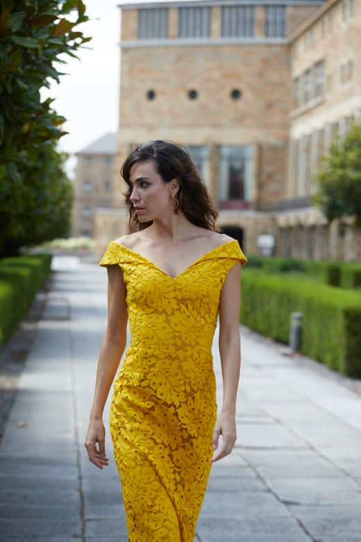 Vestido midi  Albar amarillo de encaje amarillo