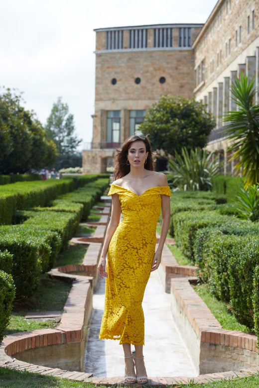 Vestido midi  Albar amarillo de encaje amarillo