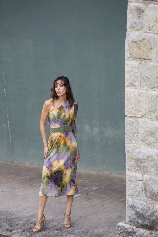 Mirto asymmetric midi dress with tie-dye print