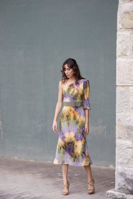 Mirto asymmetric midi dress with tie-dye print