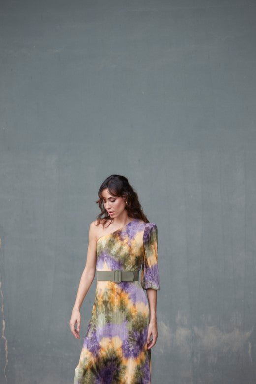 Mirto asymmetric midi dress with tie-dye print