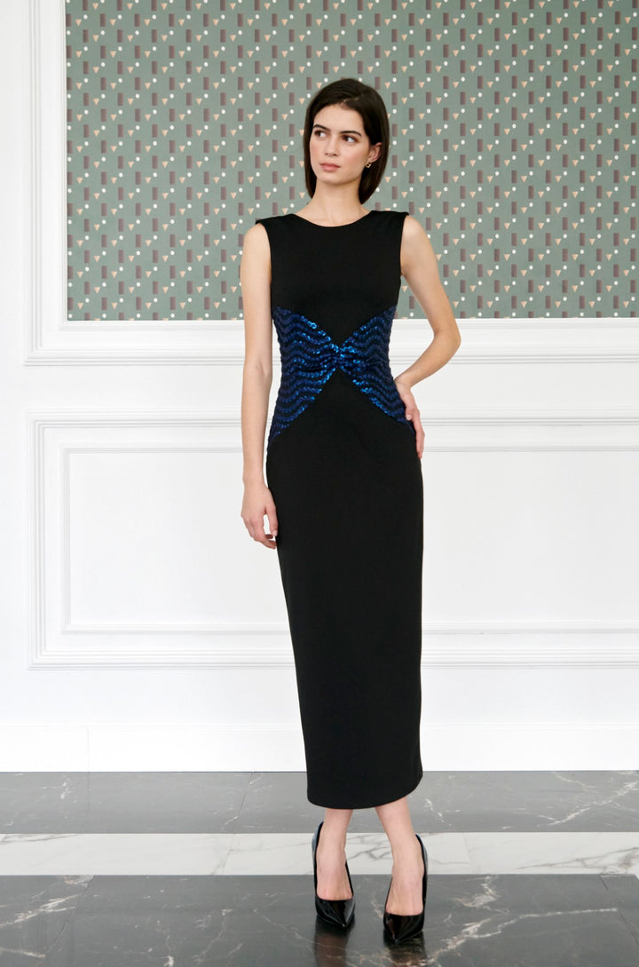 Vestido largo midi Mariposa de neopreno con tejido de lentejuelas en cintura azul Klein