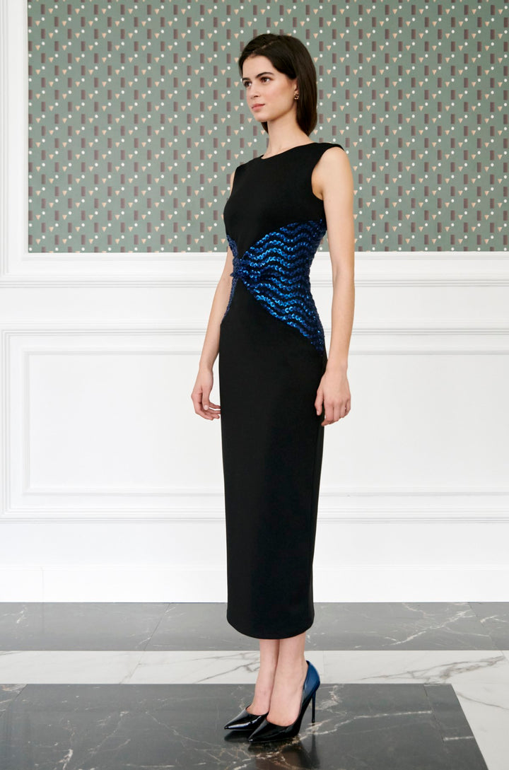 Vestido largo midi Mariposa de neopreno con tejido de lentejuelas en cintura azul Klein