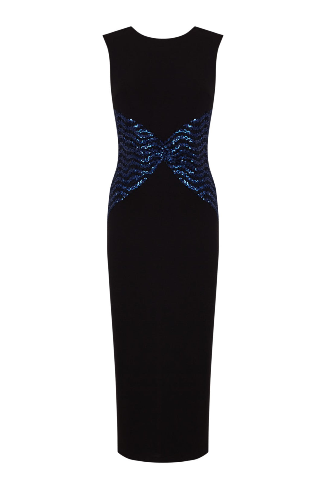 Vestido largo midi Mariposa de neopreno con tejido de lentejuelas en cintura azul Klein
