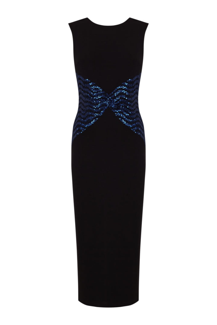 Vestido largo midi Mariposa de neopreno con tejido de lentejuelas en cintura azul Klein