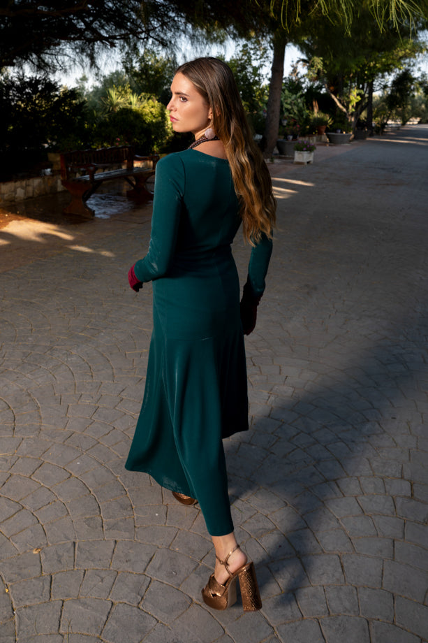 Vestido escote barco Fulgo verde oscuro
