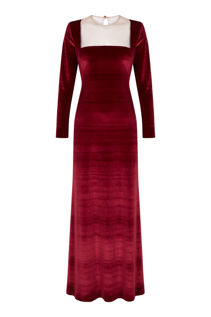 Vestido largo Eterna de terciopelo rojo burdeos