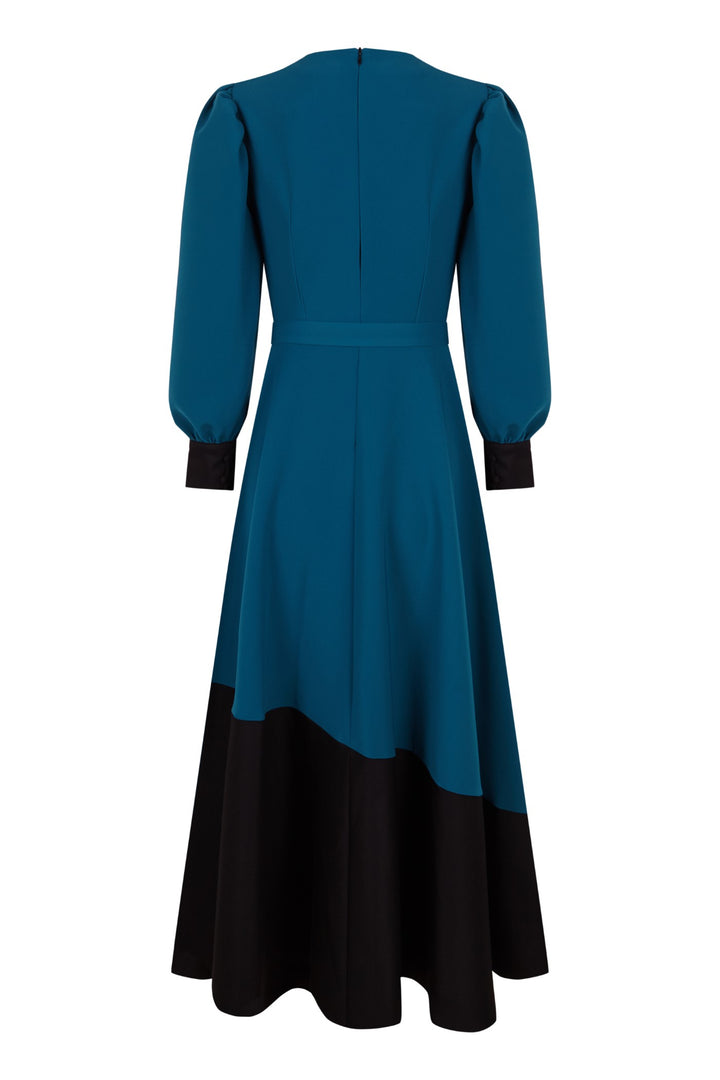Vestido asimétrico Flumen bicolor negro y aguamarina