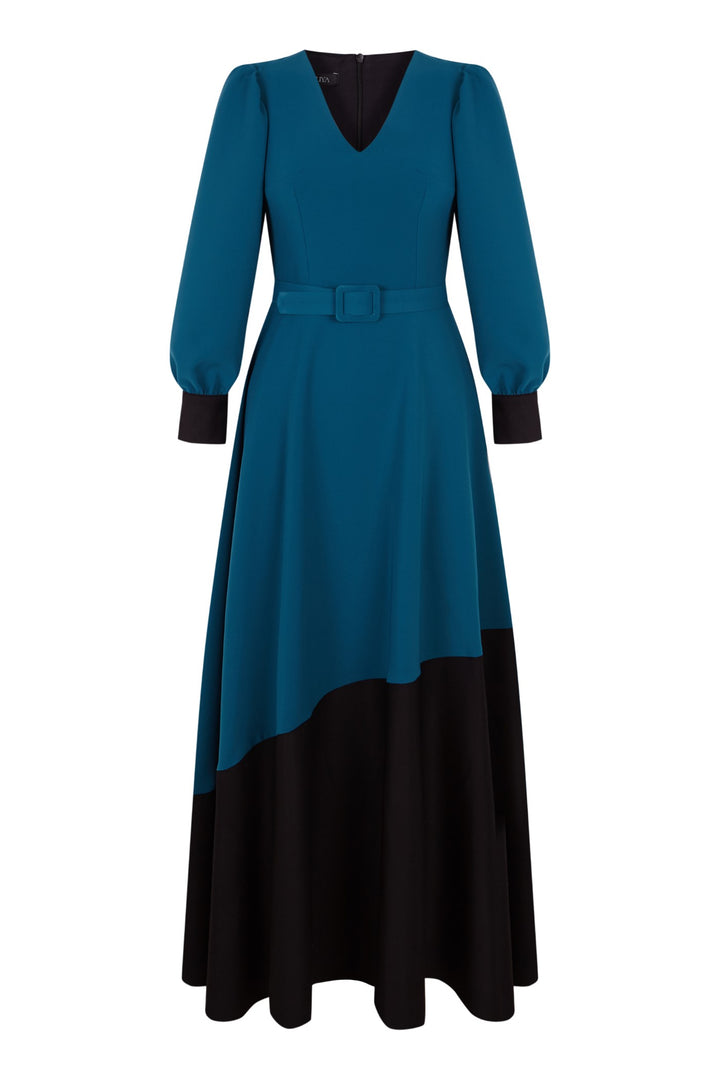 Vestido asimétrico Flumen bicolor negro y aguamarina